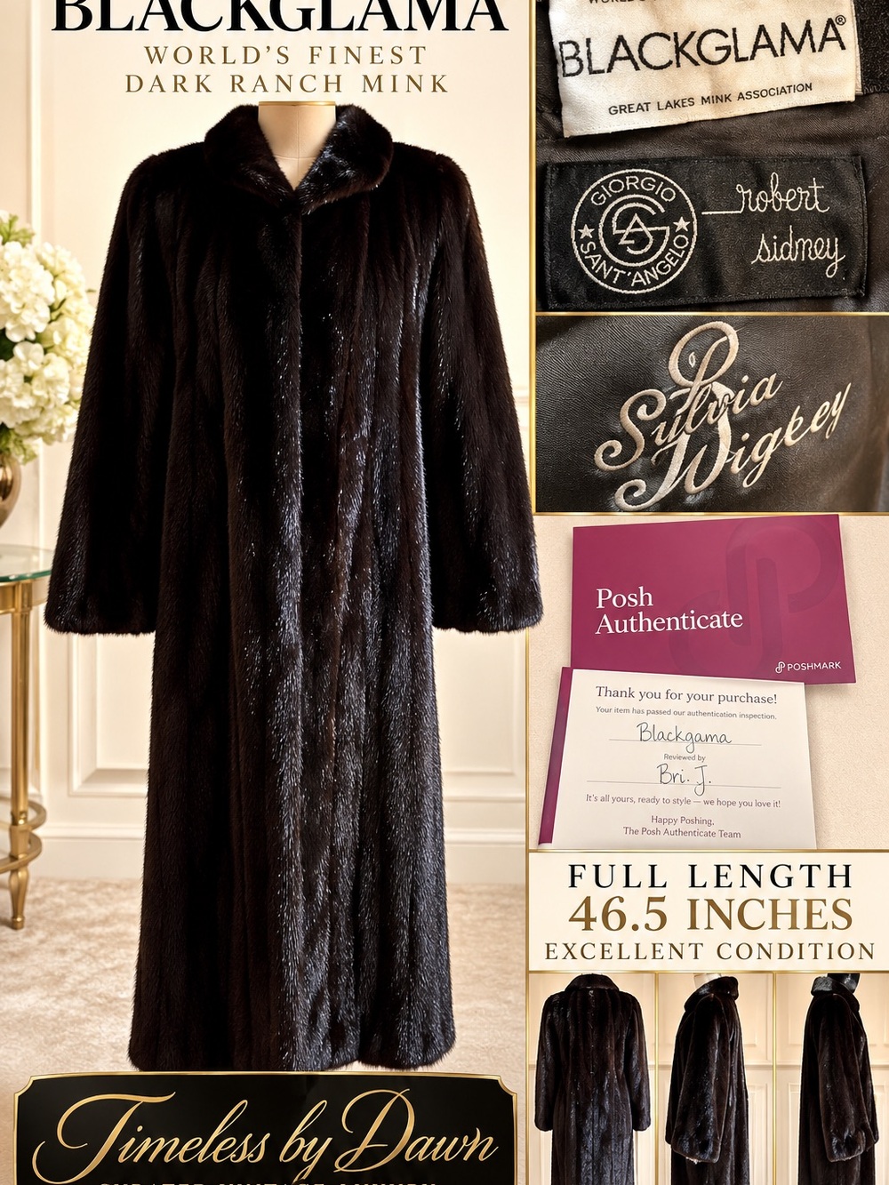 Authentic BLACKGLAMA Dark Brown Mink Fur Coat Full Length 46.5” Vintage